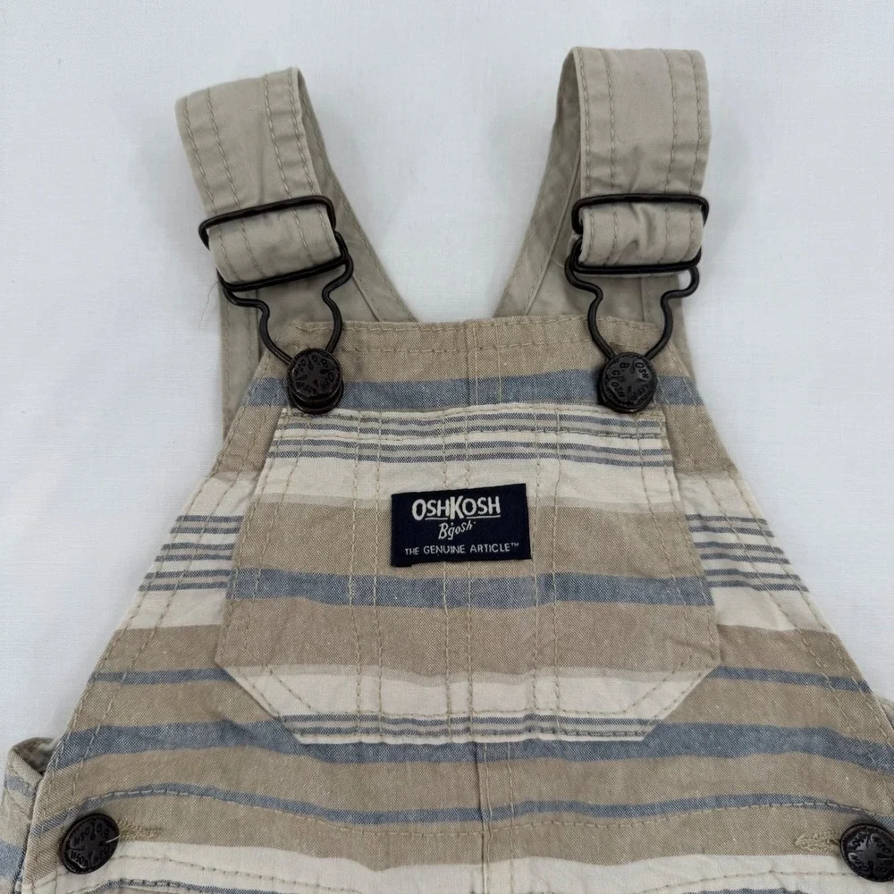 OshKosh B'gosh Shortalls Kids Size 9M Tan Blue Striped Vestbak Cotton Overalls